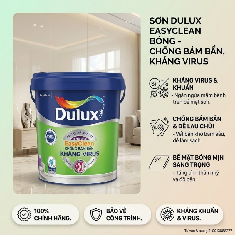 Sơn Dulux EasyClean Chống Bám Bẩn Kháng Virus Bóng E017B