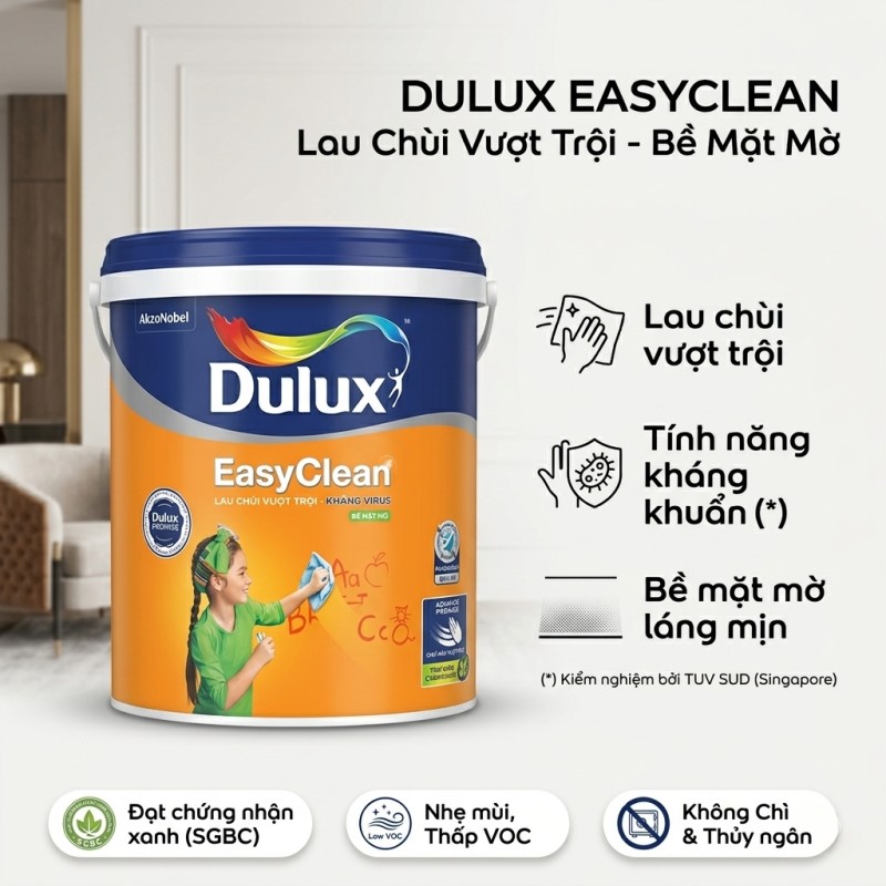 Sơn Dulux EasyClean Lau Chùi Vượt Trội Kháng Virus Mờ (99A)