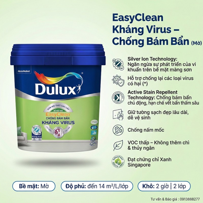 Sơn Dulux EasyClean Chống Bám Bẩn Kháng Virus Mờ E016M
