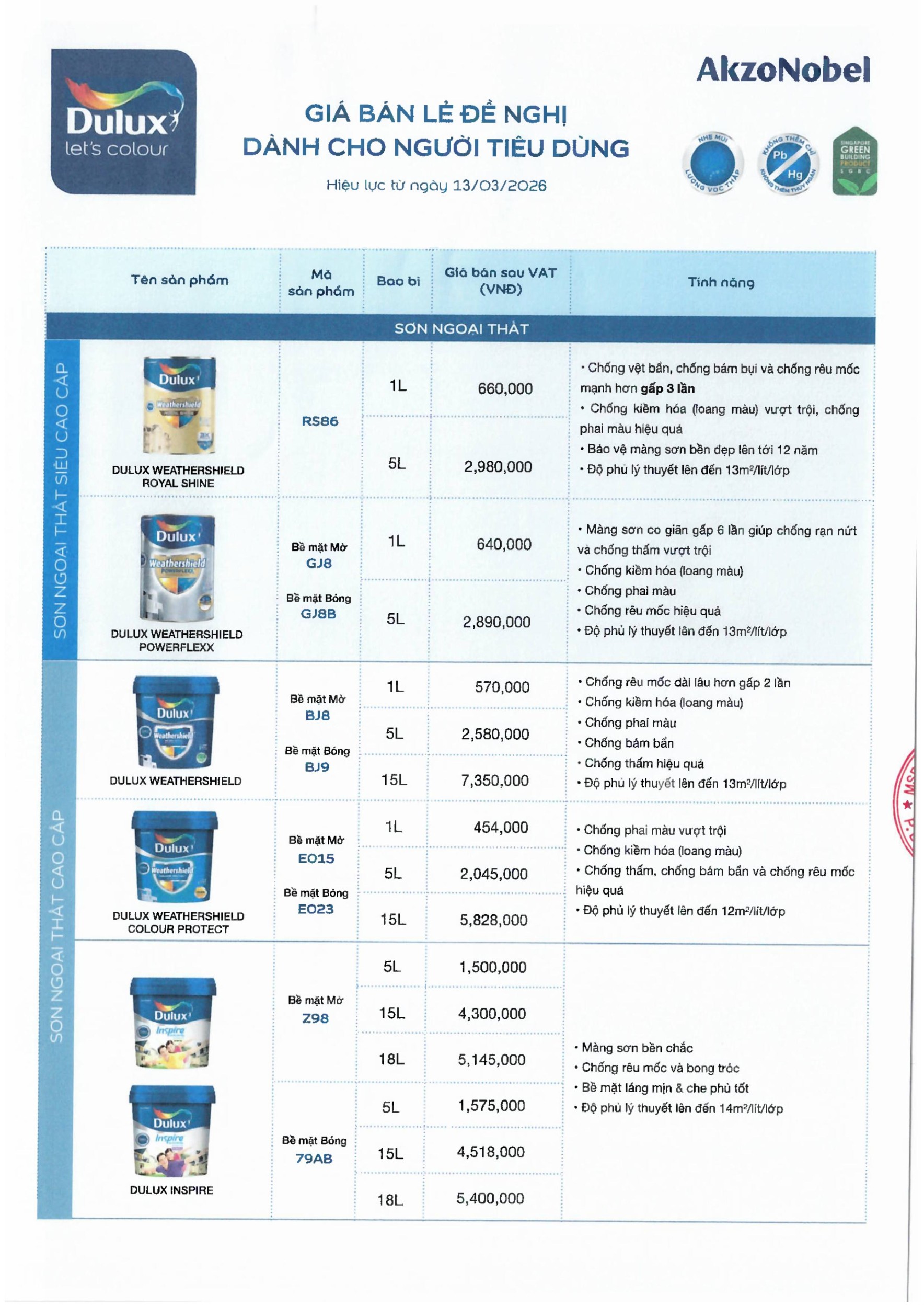 Bảng giá sơn dulux ngoài trời gồm sơn dulux Weathershield, Sơn Dulux Inspire