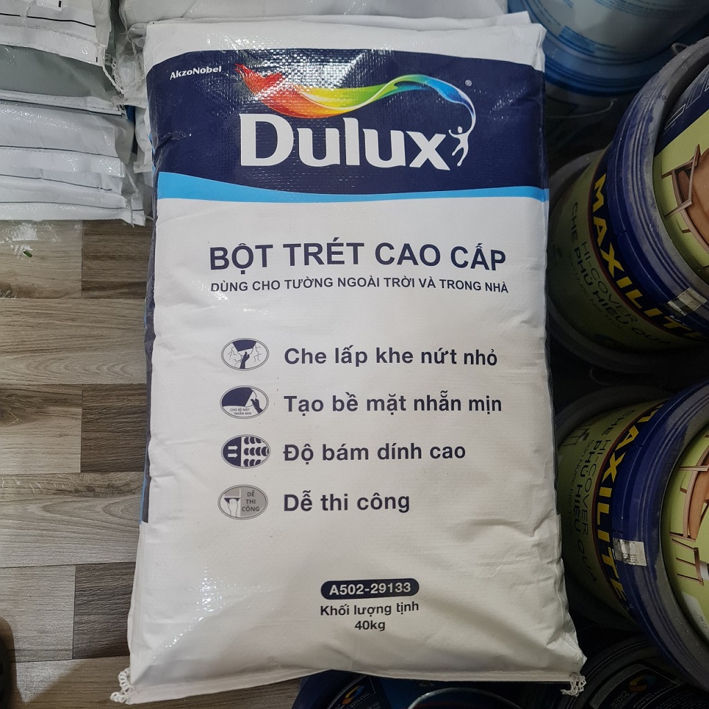 Bột trét tường nội ngoại thất Dulux 40kg che lấp khe nứt bám dính cao bề mặt láng mịn – A502