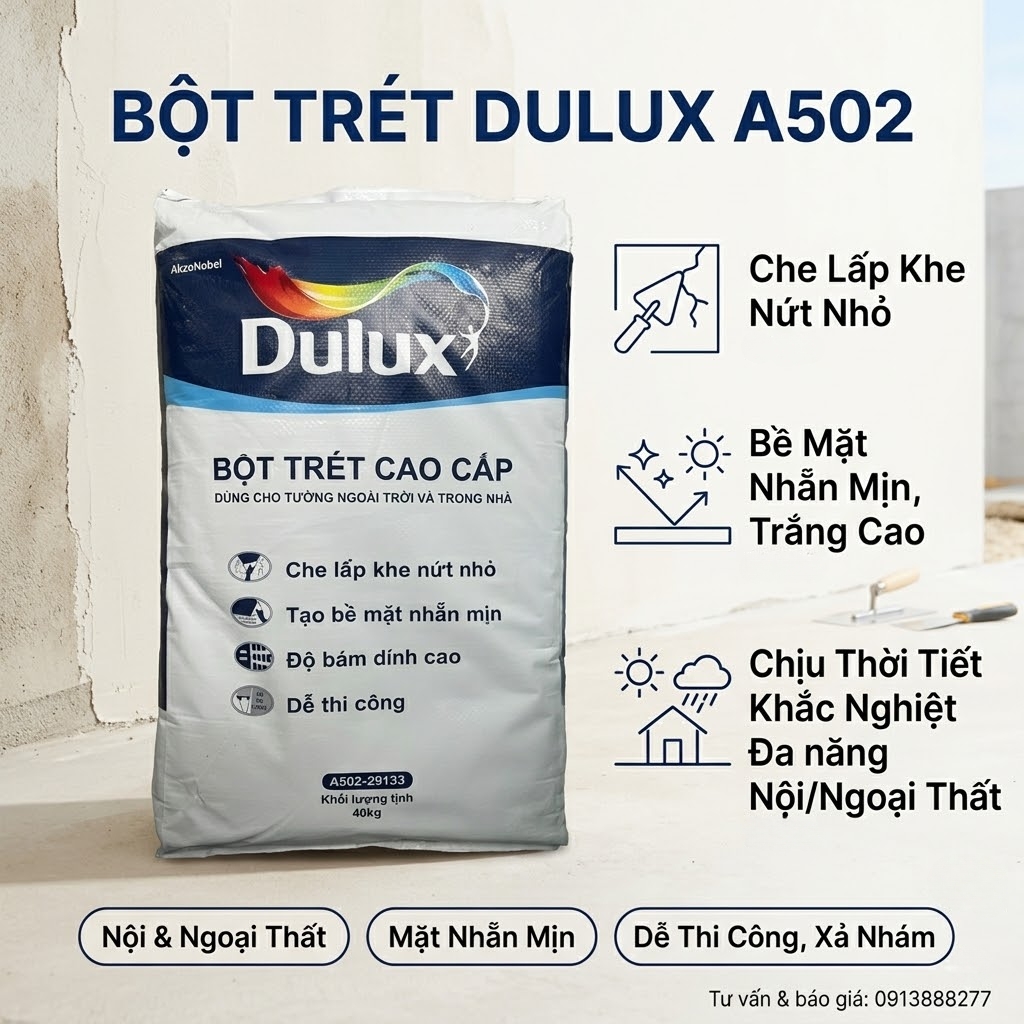 Bột trét tường nội ngoại thất Dulux 40kg che lấp khe nứt bám dính cao bề mặt láng mịn – A502