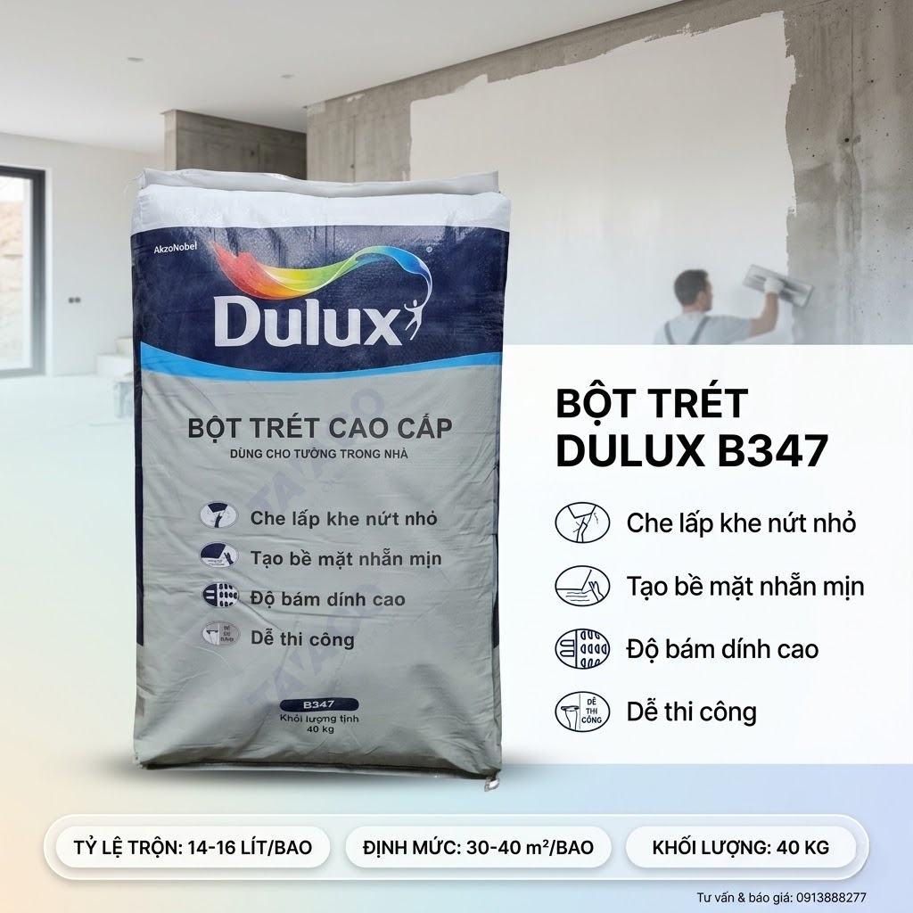 Bột trét tường nội thất Dulux 40kg tạo bề mặt láng mịn bám dính cao dễ thi công B347