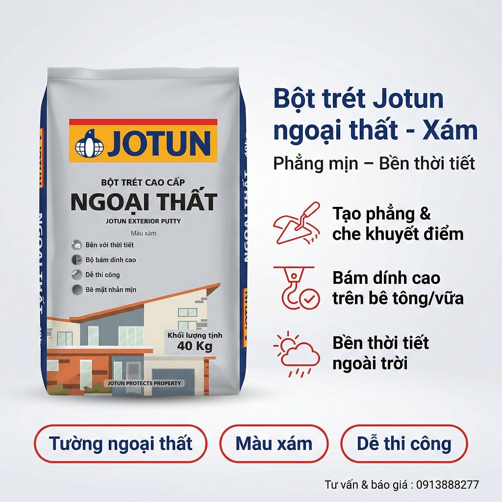 Bột trét tường Jotun màu xám  dùng để trét tường ngoài trời tạo bề mặt láng mịn bền thời tiết