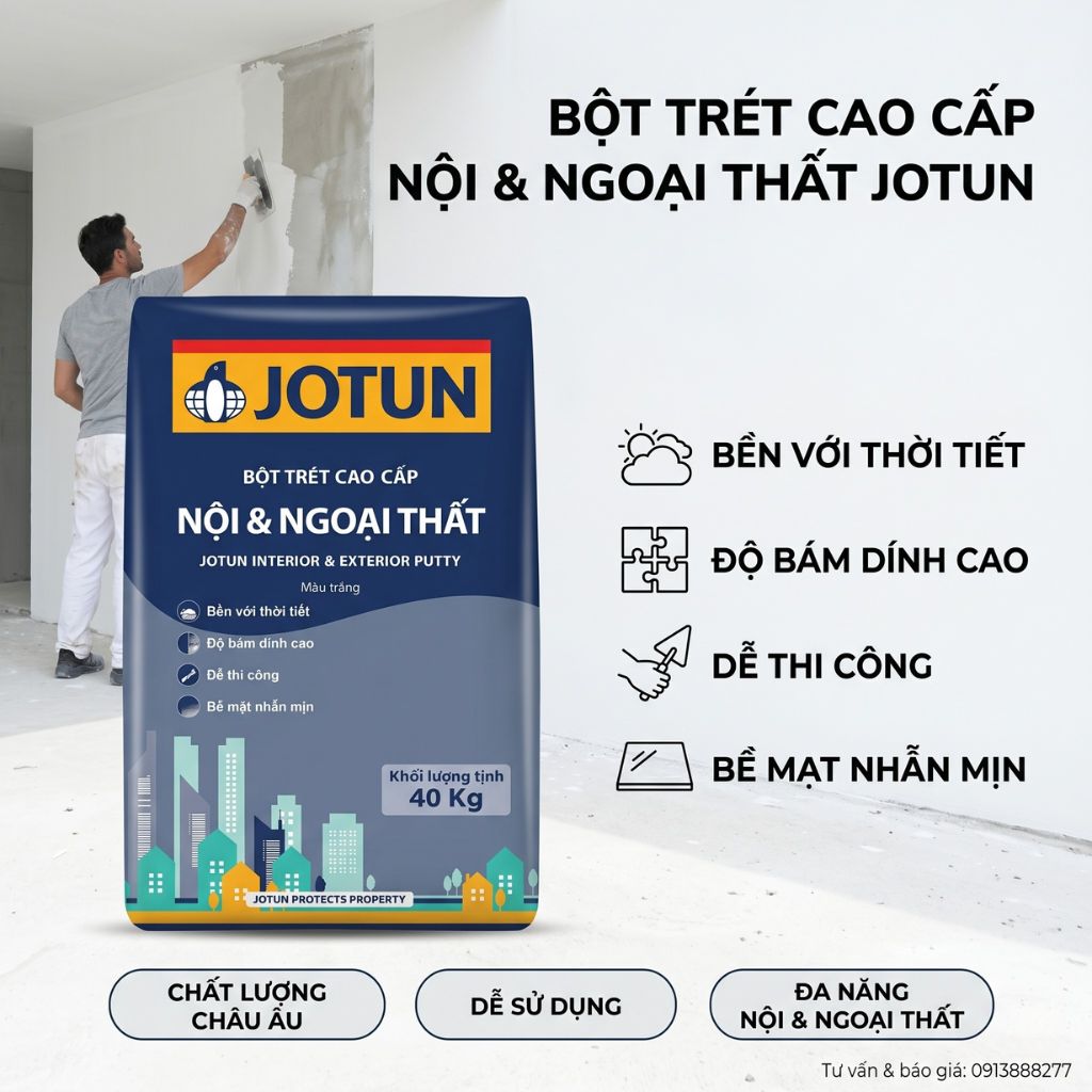 Bột trét Jotun ngoài trời dùng cho tường ngoại thất có độ bền cao, dể thi công, chóng bong tróc trước khi sơn lót và sơn hoàn thiện