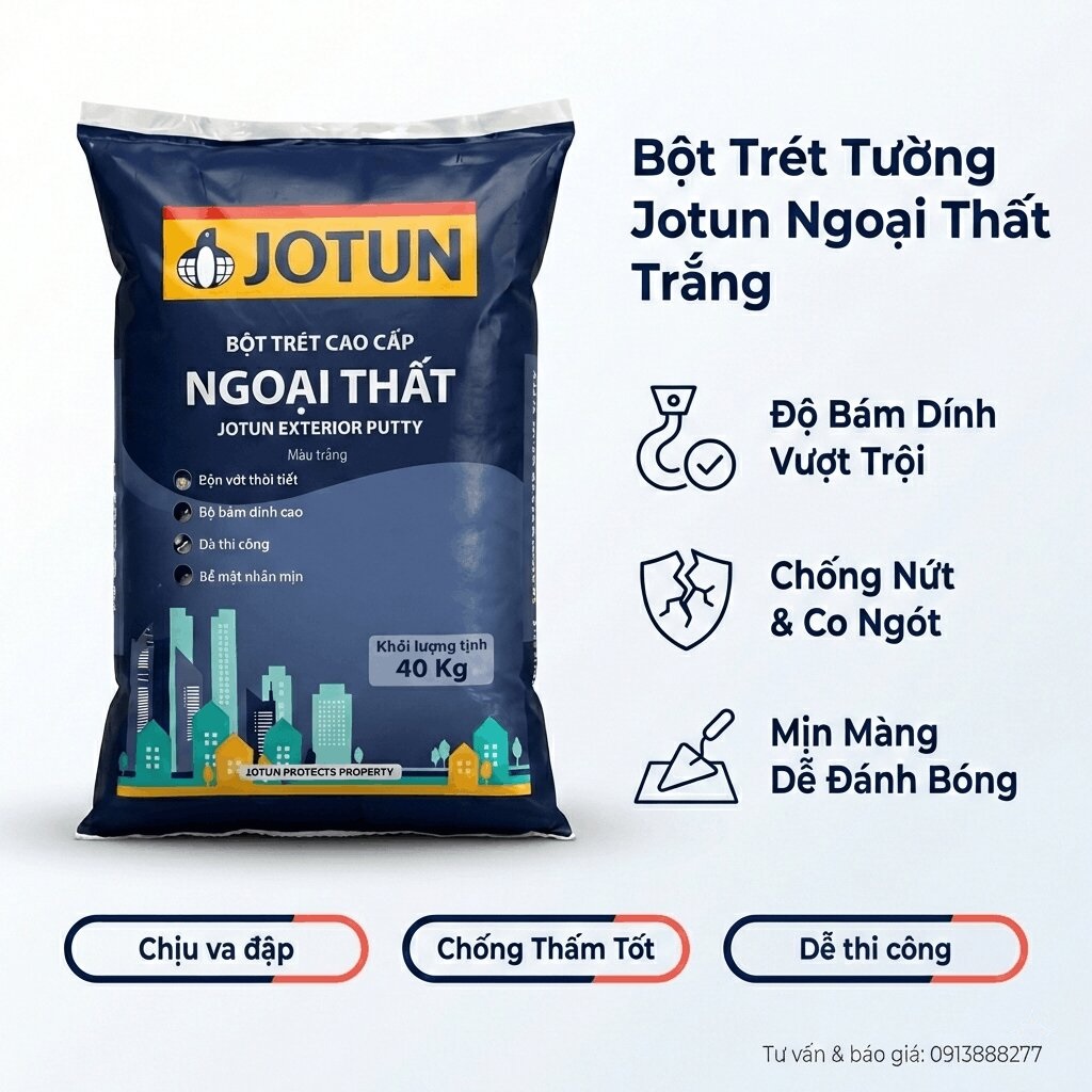Bột trét Jotun ngoài trời dùng cho tường ngoại thất có độ bền cao, dể thi công, chóng bong tróc trước khi sơn lót và sơn hoàn thiện