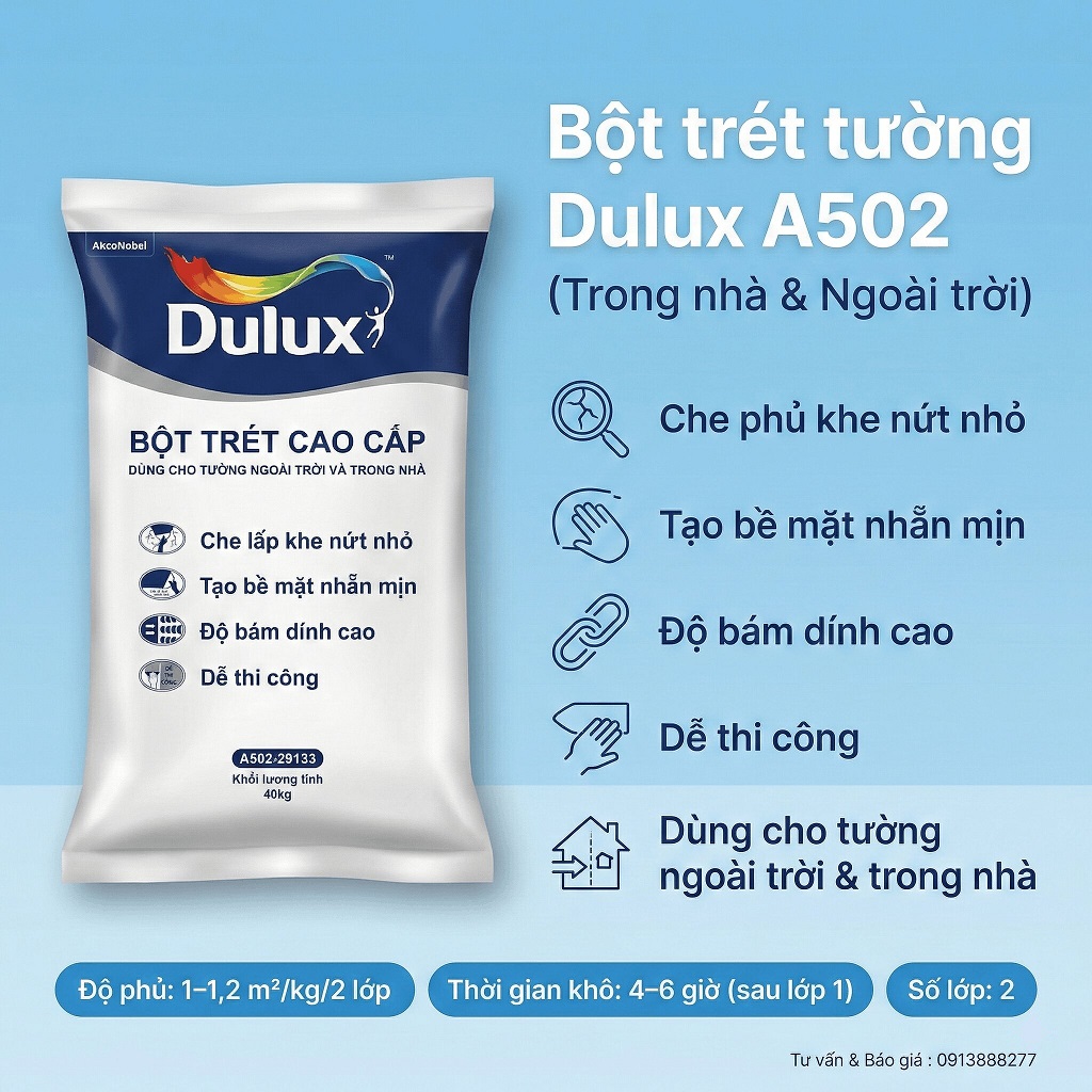 Bột trét tường nội ngoại thất Dulux 40kg che lấp khe nứt bám dính cao bề mặt láng mịn – A502
