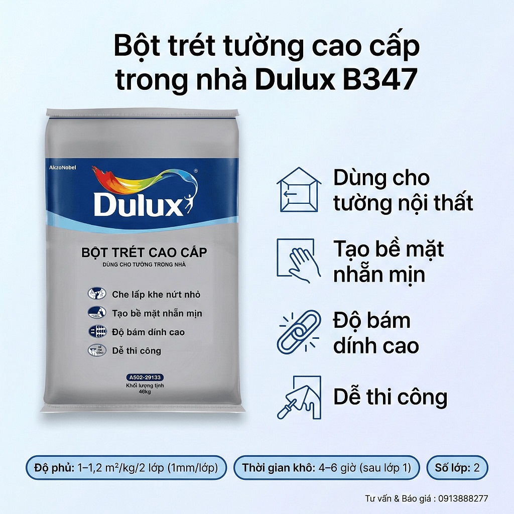Bột trét tường nội thất Dulux 40kg tạo bề mặt láng mịn bám dính cao dễ thi công B347