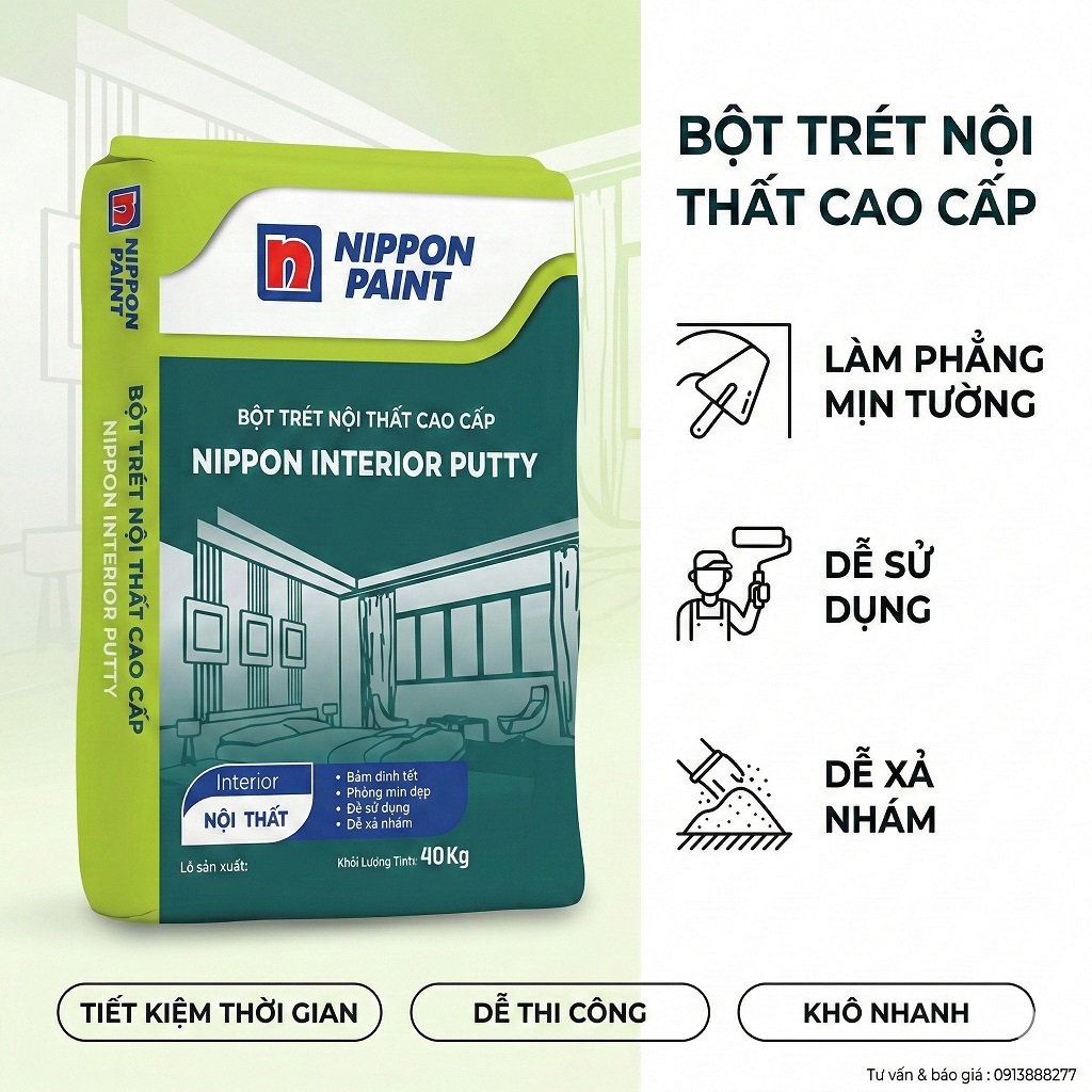 Bột trét tường nội thất Nippon 40kg bề mặt phẳng mịn bám dính tốt dễ xả nhám