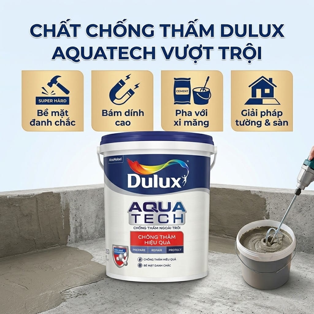 Chất chống thấm Dulux Aquatech Hiệu Quả C8033 pha xi măng bám dính cao bề mặt sáng đẹp cho sàn và tường bê tông