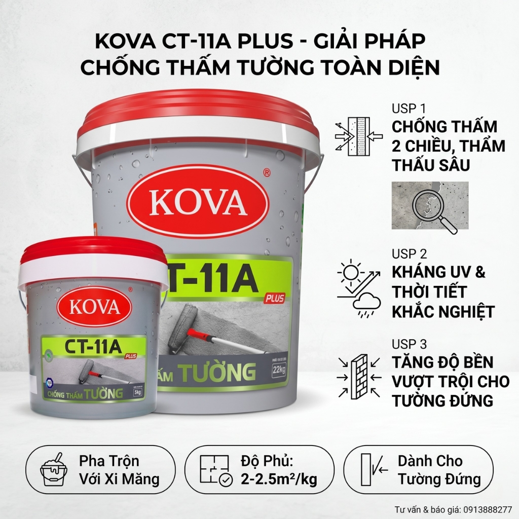 Chống Thấm KOVA CT-11A Plus Tường dành cho tường đứng ngoài trời pha xi măng