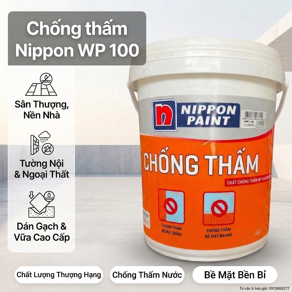 Chất chống thấm Nippon WP 100 Silicone Acrylic chống kiềm bám dính tốt
