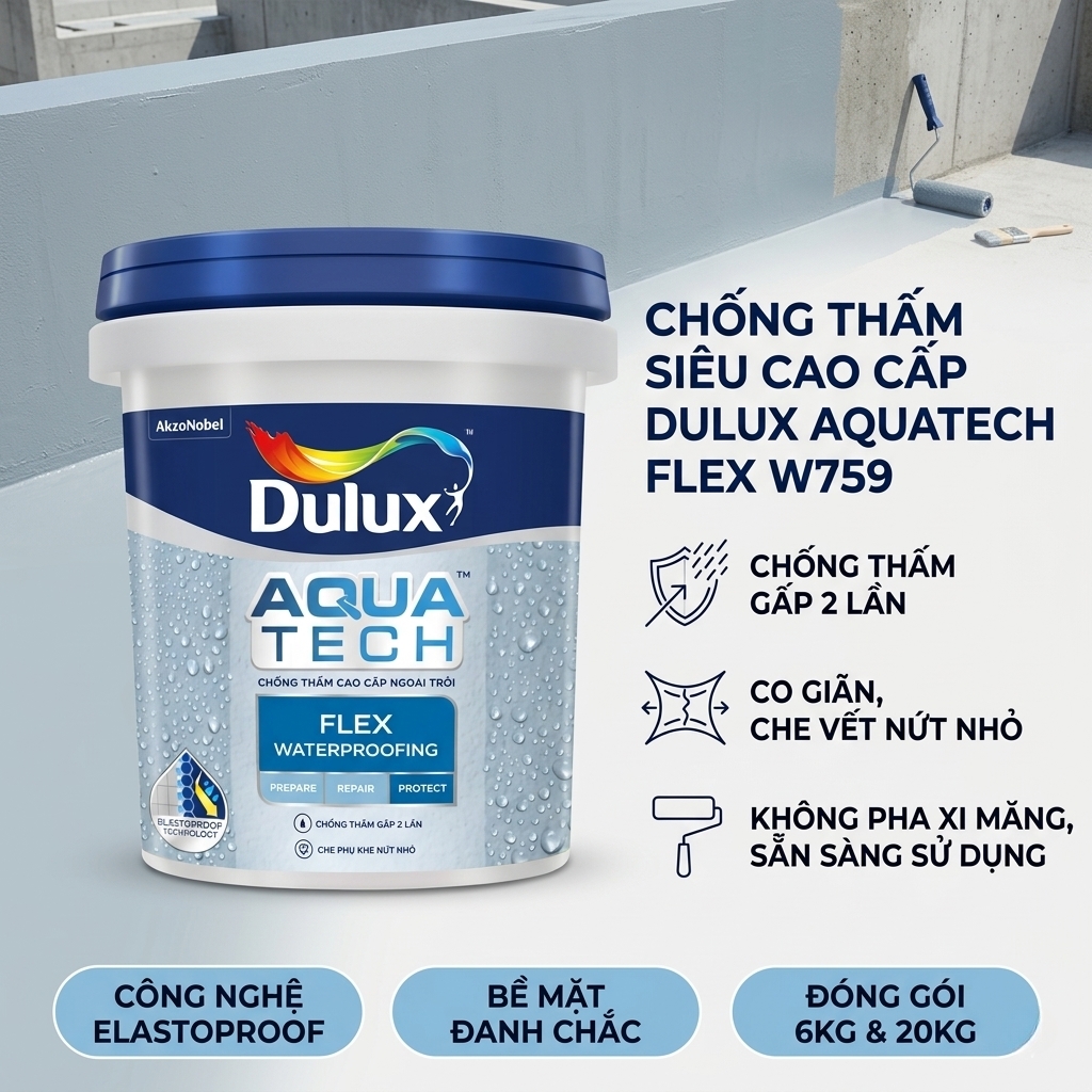 Sơn chống thấm tường Dulux Aquatech Flex thế hệ mới co giãn cao không cần pha xi măng có màu xám đậm và xám nhạt