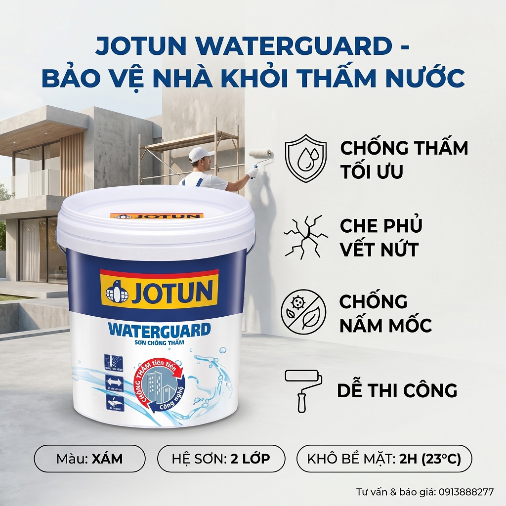 Chống thấm Jotun Waterguard là sơn chống thấm 1 thành phần gốc acrylic - lăn trực tiếp, không cần trộn xi măng, không cần pha thêm phụ gia. Màng sơn có khả năng co giãn, che phủ các vết nứt nhỏ li ti và tạo lớp chắn nước đàn hồi theo chuyển động của công trình.