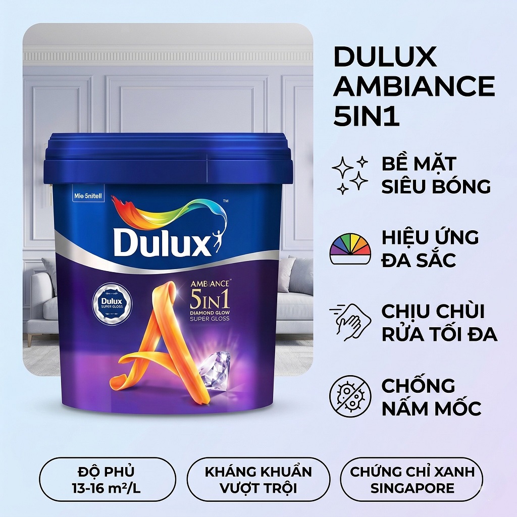 Sơn nội thất Dulux Ambiance 5in1 Diamond Glow 66AB siêu bóng màu rực rỡ lau chùi vượt trội kháng khuẩn