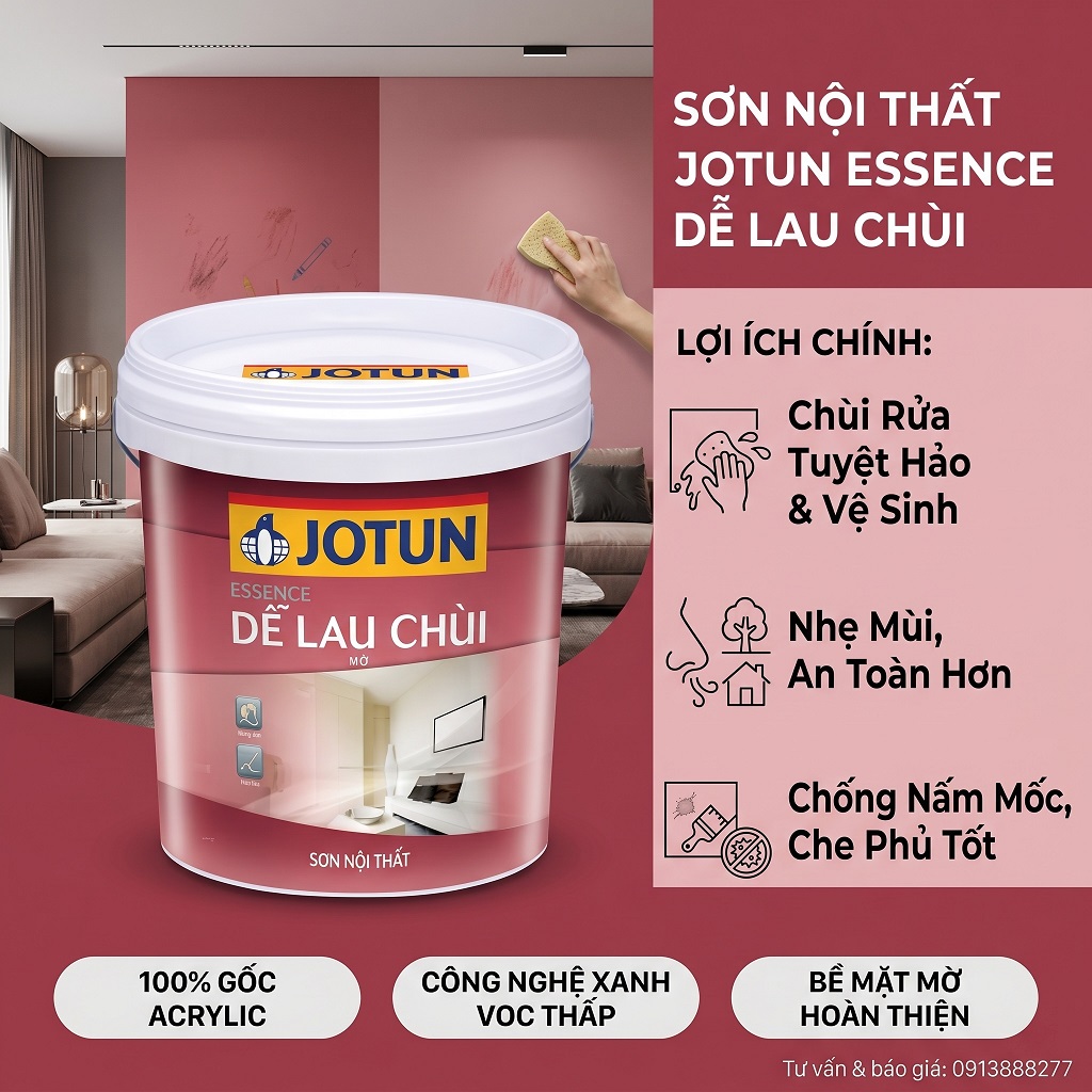 Jotun Essence Dễ Lau Chùi là sơn nội thất có màng sơn mờ hoàn thiện với khả năng lau chùi vết bẩn hiệu quả, hàm lượng VOC thấp đạt tiêu chuẩn Nhãn Xanh Singapore, không chứa APEO, formaldehyde và kim loại nặng. Sản phẩm được khuyến nghị cho khu vực nội thất cần vệ sinh thường xuyên như phòng khách, bếp, hành lang và không gian có trẻ em.