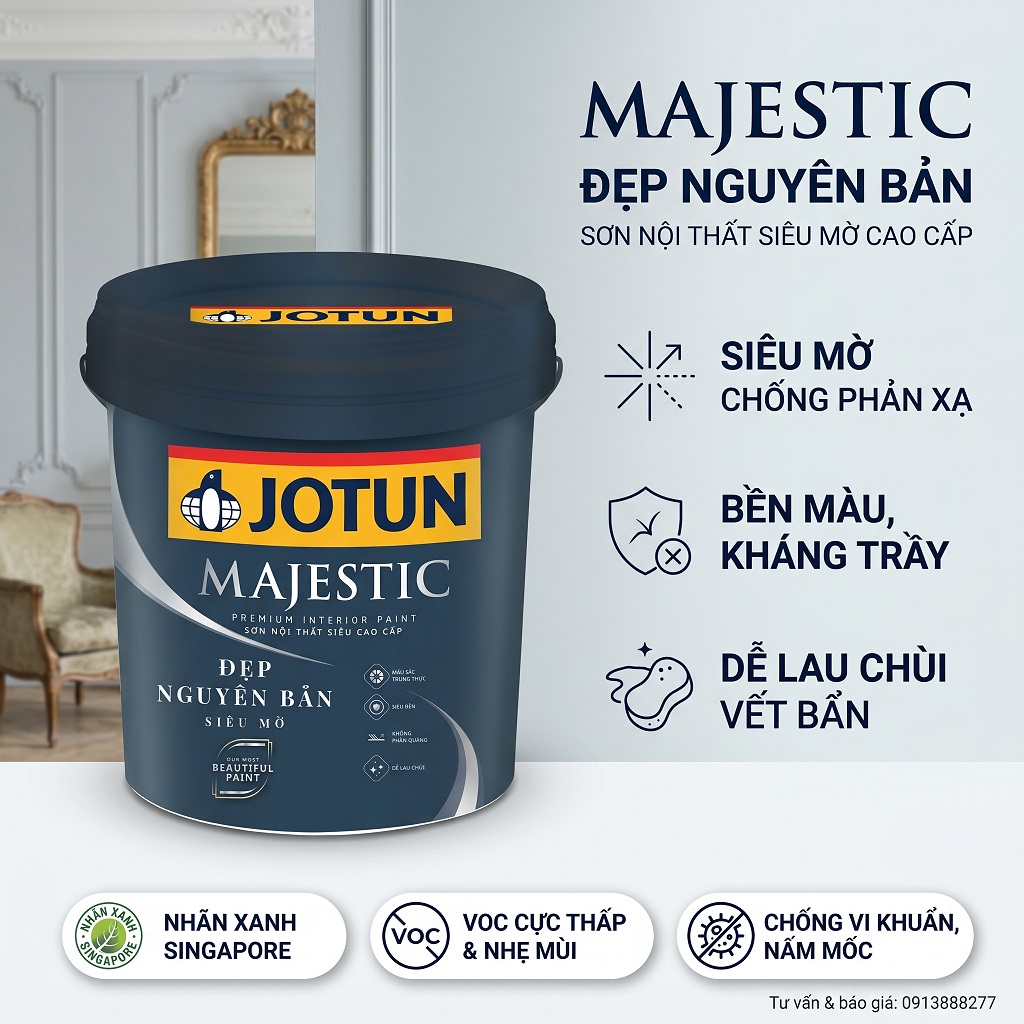 Sơn Jotun Majestic Đẹp Nguyên Bản Siêu Mờbề mặt hoàn thiện siêu mờ với công nghệ chống phản xạ, đạt chứng nhận kháng khuẩn theo ISO 22196:2007 và chống nấm mốc