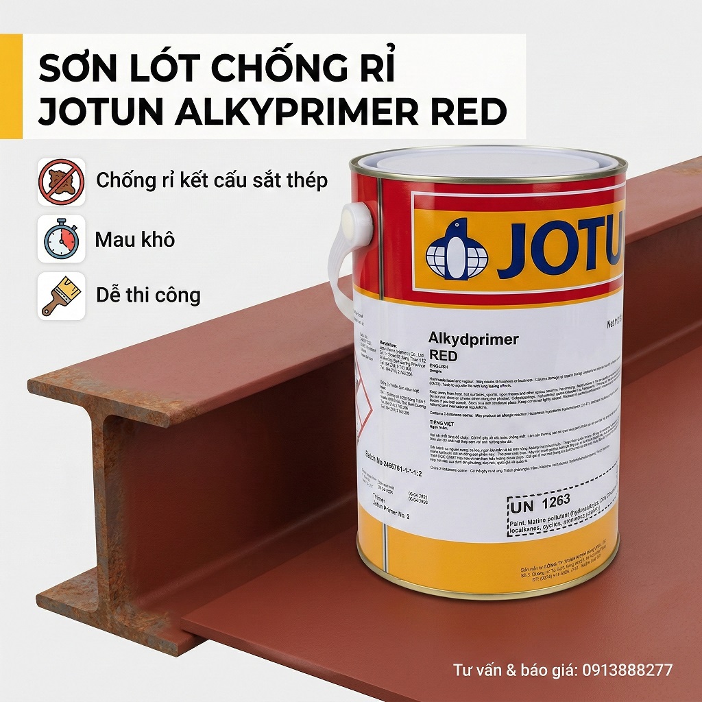 Sơn lót chống rỉ Jotun Alkyd Primer màu đỏ bảo vệ sắt thép khỏi rỉ sét