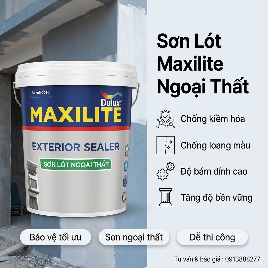 sơn lót ngoại thất Maxilite 48C chịu được UV trực tiếp, chặn muối kiềm từ trong tường thấm ra, và đủ bám dính để giữ lớp sơn phủ nặng như Tough 28C