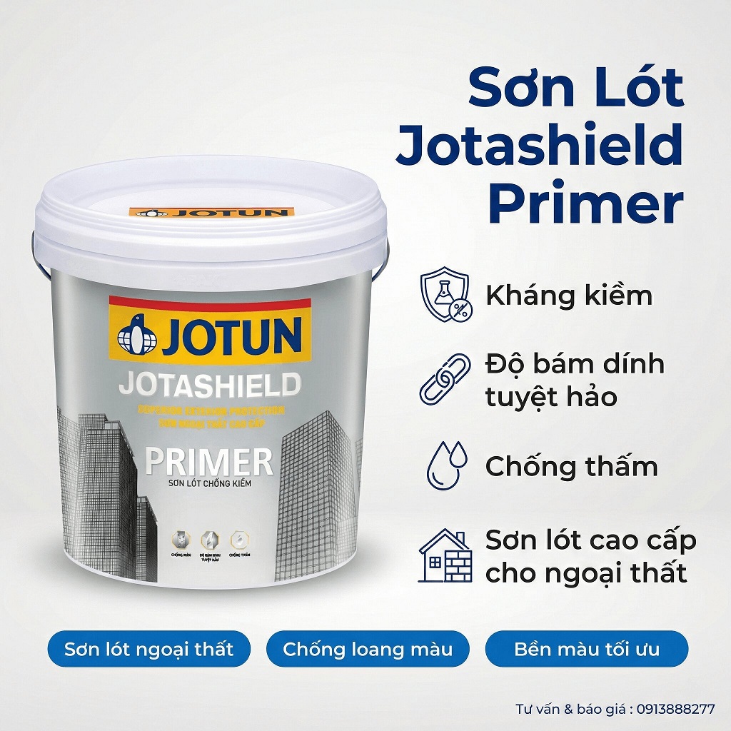 Sơn lót ngoại thất Jotun Jotashield chống kiềm hóa, giúp bền màu, tăng bám dính tạo bề mặt láng mịn