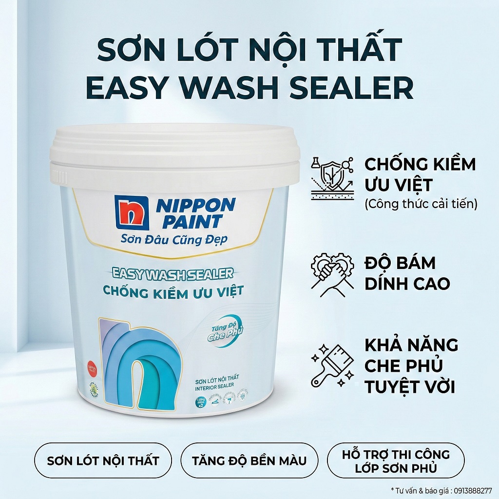 Sơn lót nội thất Nippon Easy Wash Sealer chống mốc bám dính tốt, ngăn phai màu gần như không mùi – chuyên dùng trước dòng Easy Wash và Odour-less