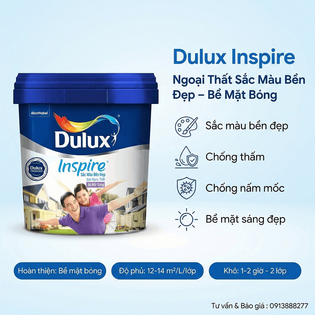 Sơn ngoại thất Dulux Inspire màng sơn mờ Z98 sơn bền màu, chống rêu mốc, chống bong tróc bảo vệ tường nhà trước năng mưa khắt nghiệt sơn có độ che phủ 14m²/lít