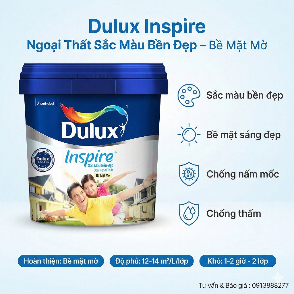 Sơn ngoại thất Dulux Inspire mờ Z98 là sơn kinh tế giá rẻ nhất của dulux, màng sơn bền màu, chống bong tróc, và màng sơn mịn có độ phủ cao dể thi công