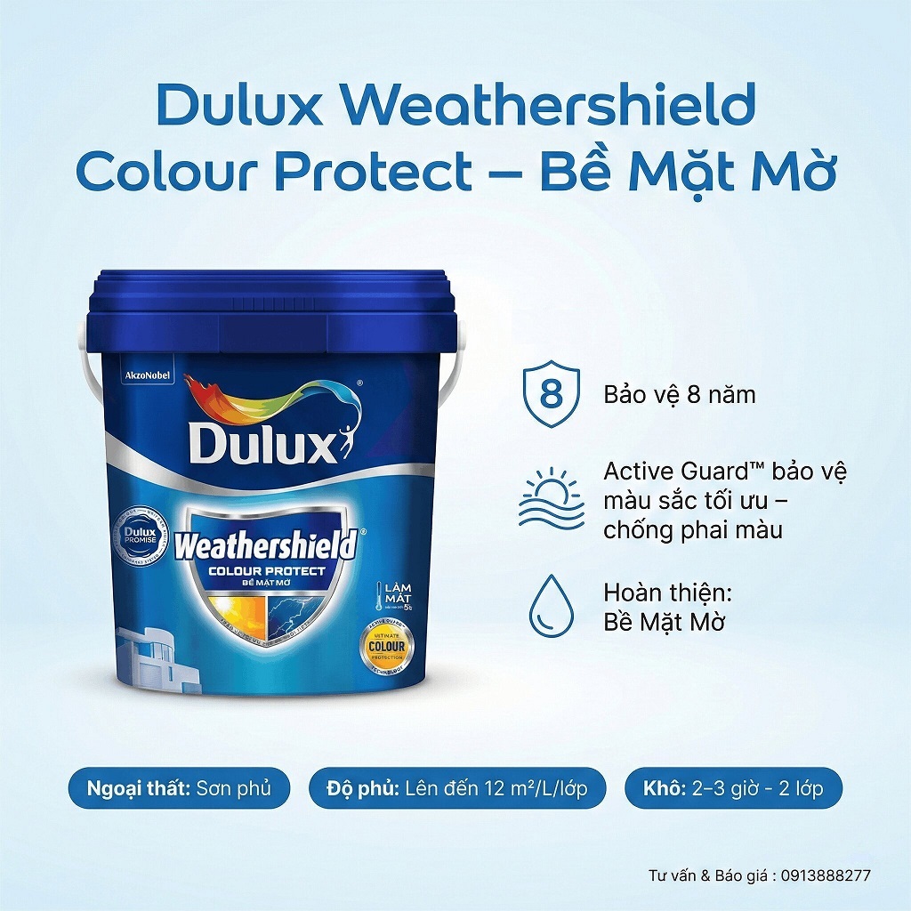 Sơn ngoại thất Dulux Weathershield Colour Protect E015 bề mặt mờ chống phai màu vượt trội 8 năm