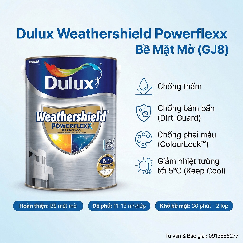 Sơn ngoại thất Dulux Weathershield Powerflexx GJ8 bề mặt mờ sơn có khẳ năng co giãn gấp 6 lần chống rạn nứt chống thấm nước mưa vào bên trong tường