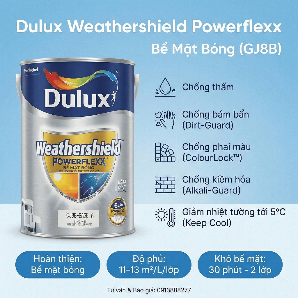 Sơn ngoại thất Dulux Weathershield Powerflexx Bóng GJ8B là sơn ngoại thất có màng sơn co giãn gấp 6 lần chống rạn nứt vết chân chim giúp tăng khả năng chống thấm tốt, bảo vệ đến 12 năm cho tường ngoài trời
