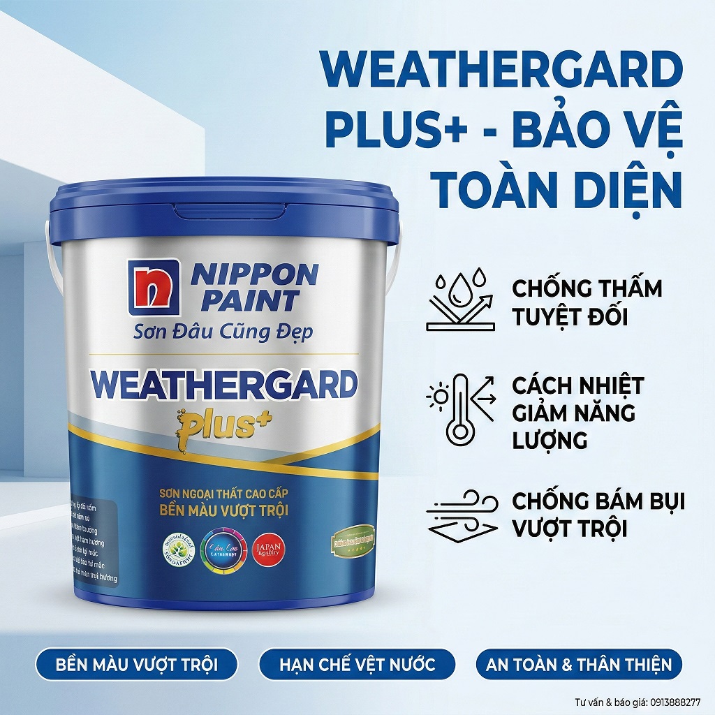 Sơn ngoại thất Nippon Weathergard Plus+ MicroGel Acrylic bảo vệ 10 năm chống bám bụi