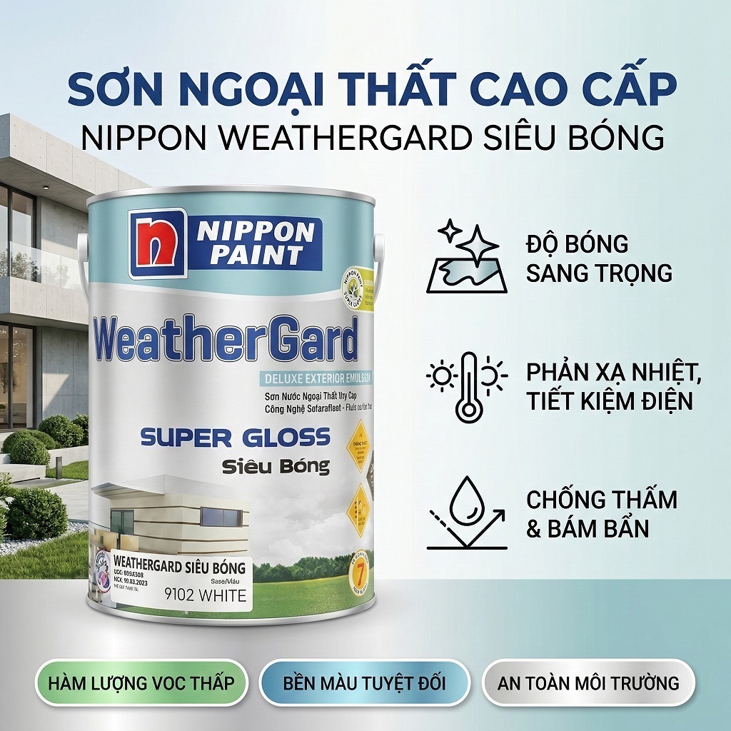 Sơn ngoại thất Nippon Weathergard Siêu Bóng chống thấm, chống rêu mốc gấp 2 lần