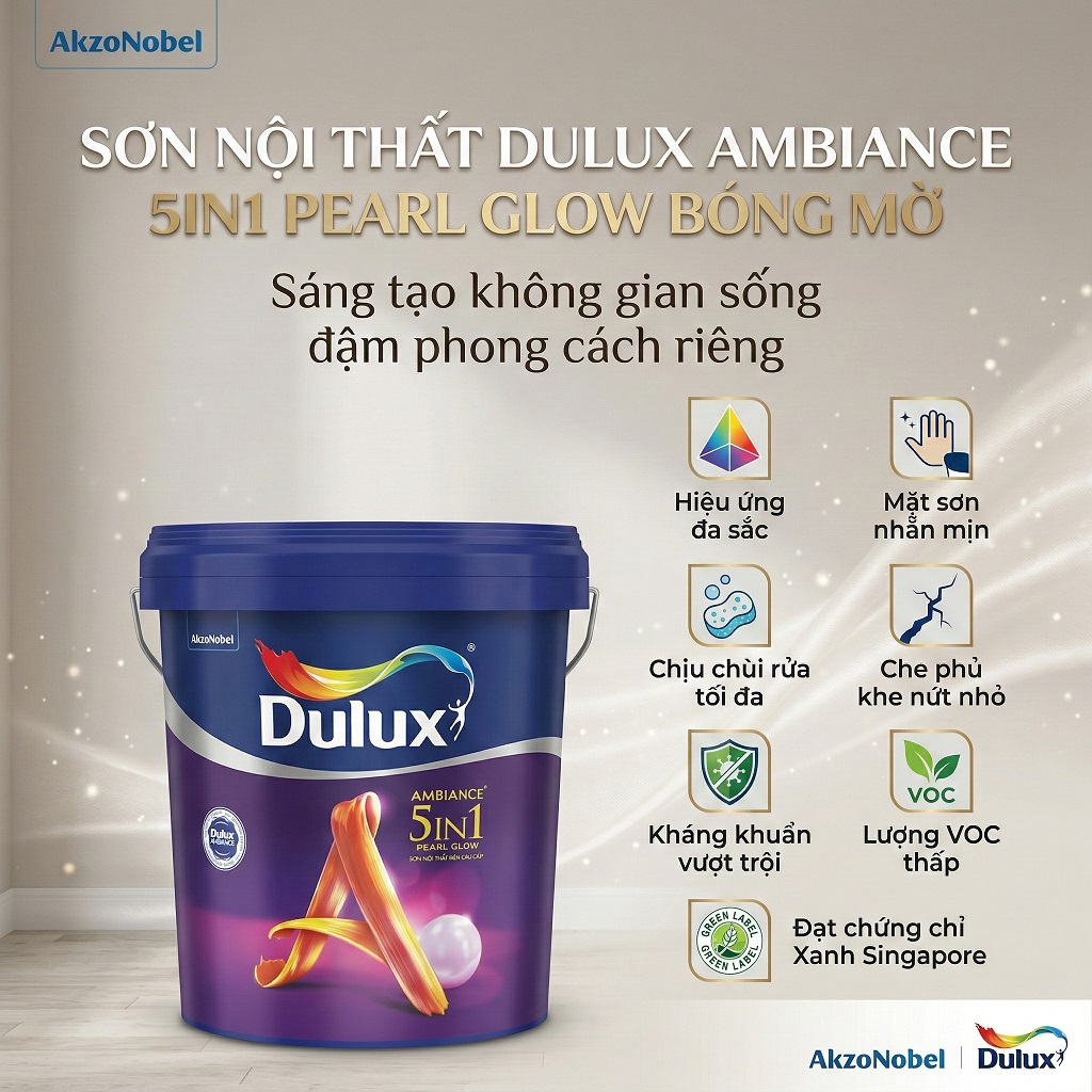 Sơn nội thất Dulux Ambiance 5in1 Pearl Glow 66A bề mặt bóng mờ sang trọng 5 tính năng bảo vệ nội thất như chùi rửa vết bẩn, màng sơn siêu mịn, kháng khuẩn, chống nấm mốc, đa màu sắc