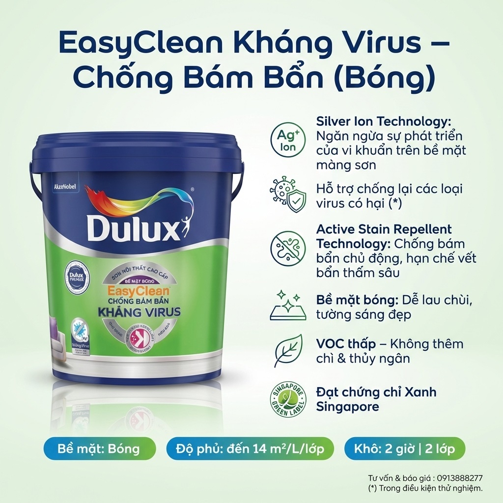 Sơn nội thất Dulux EasyClean chống bám bẩn Bóng E017B có khả năng kháng virus kháng khuẩn lau chùi hiệu quả