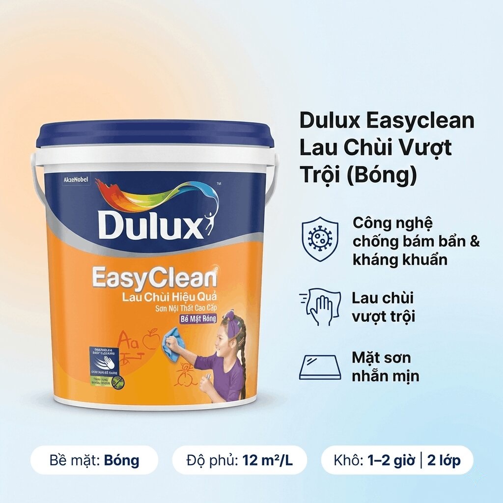 Sơn nội thất Dulux EasyClean Lau Chùi Vượt Trội kháng virus 99AB công nghệ Colourguard bảo vệ màu luôn sáng bóng