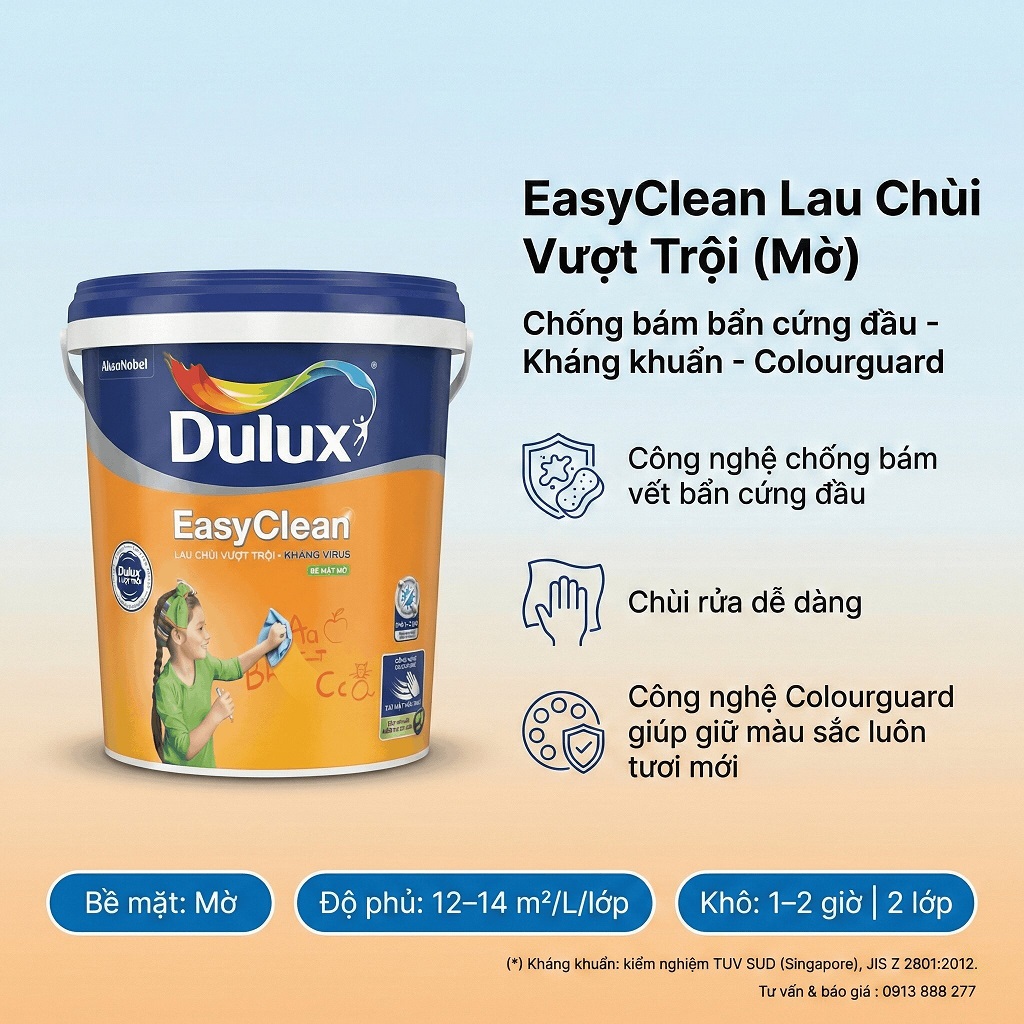 Sơn nội thất Dulux EasyClean Lau Chùi Vượt trội kháng khuẩn Colourguard ngăn nấm mốc, bảo vệ tường tối ưu không lo hư hại màng sơn khi lau chùi vết bẩn.