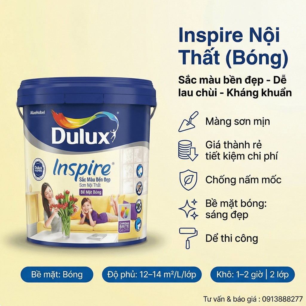 Sơn nội thất Dulux Inspire 39AB với công nghệ ChromaBrite giữ màu bền chống khuẩn chống mốc màng sơn bóng dể lau chùi vết bẩn trong nhà