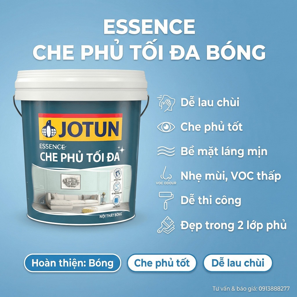 Sơn nội thất Jotun Essence Che Phủ Tối Đa bóng láng mịn lau chùi dễ chống mốc
