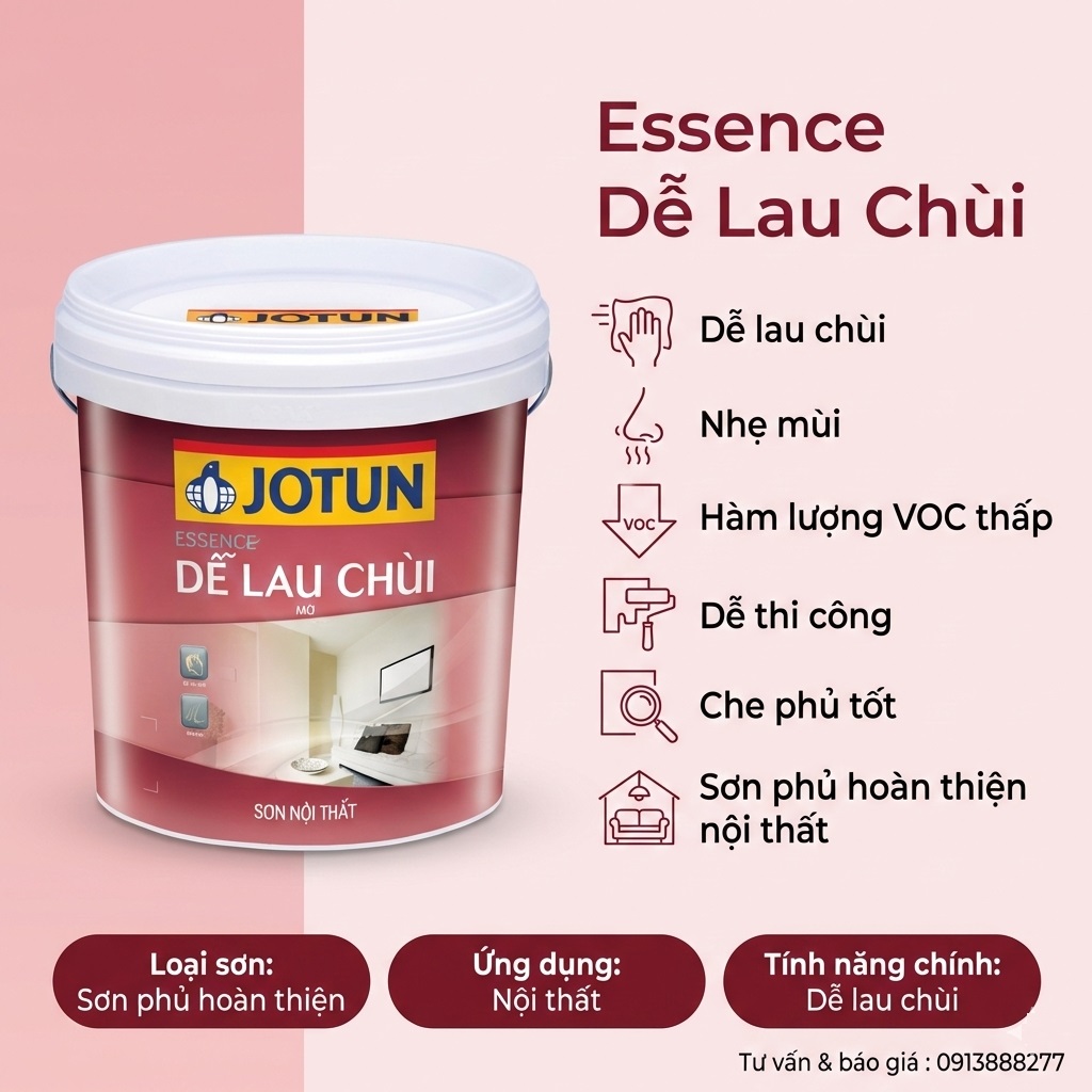 Sơn nội thất Jotun Essence Dễ Lau Chùi chống mốc VOC thấp nhẹ mùi che phủ cao