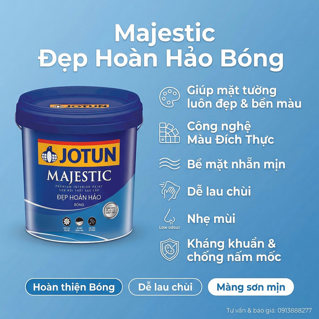 Sơn nội thất Jotun Majestic Đẹp Hoàn Hảo bóng lau chùi dễ kháng khuẩn bền màu