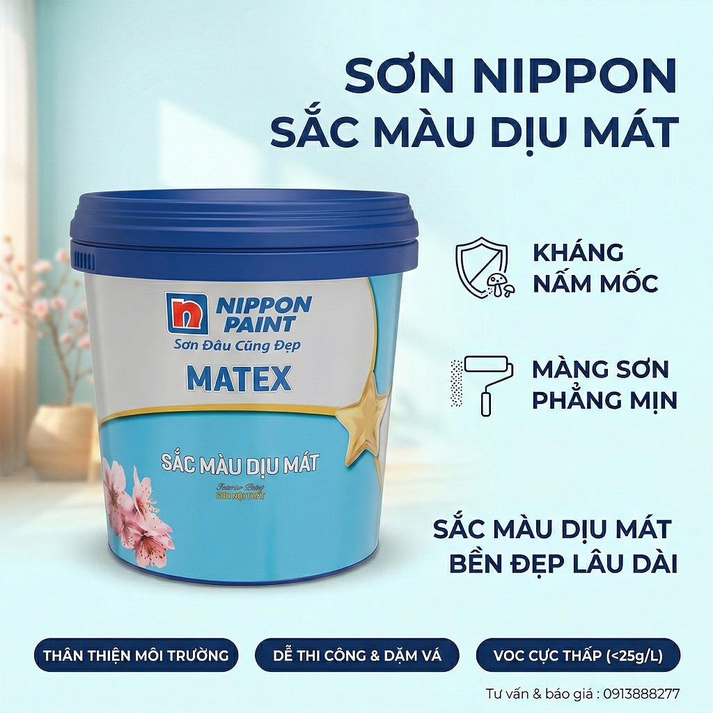 Sơn nội thất Nippon Matex Sắc Màu Dịu Mát màu ổn định lâu phai chống mốc kinh tế