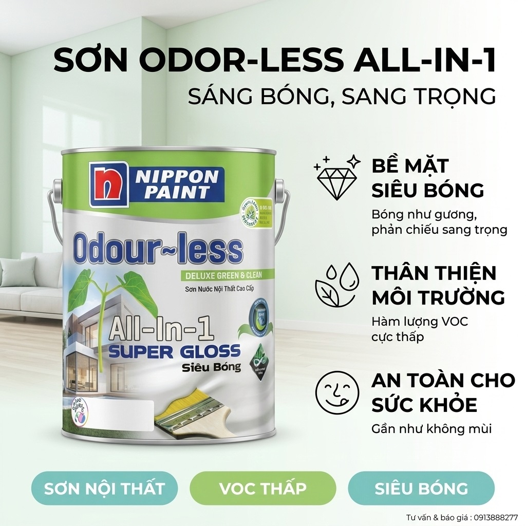 Sơn nội thất Nippon Odour-less All-in-1 siêu bóng Infinimatrix lau chùi vượt trội