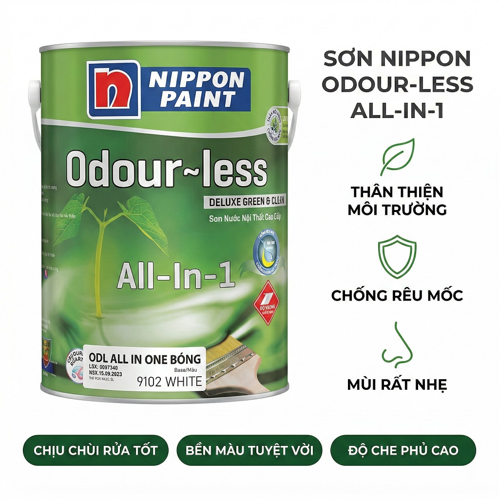 ơn nội thất Nippon Odour-less All-in-1 bóng VOC thấp lau chùi vượt trội không mùi