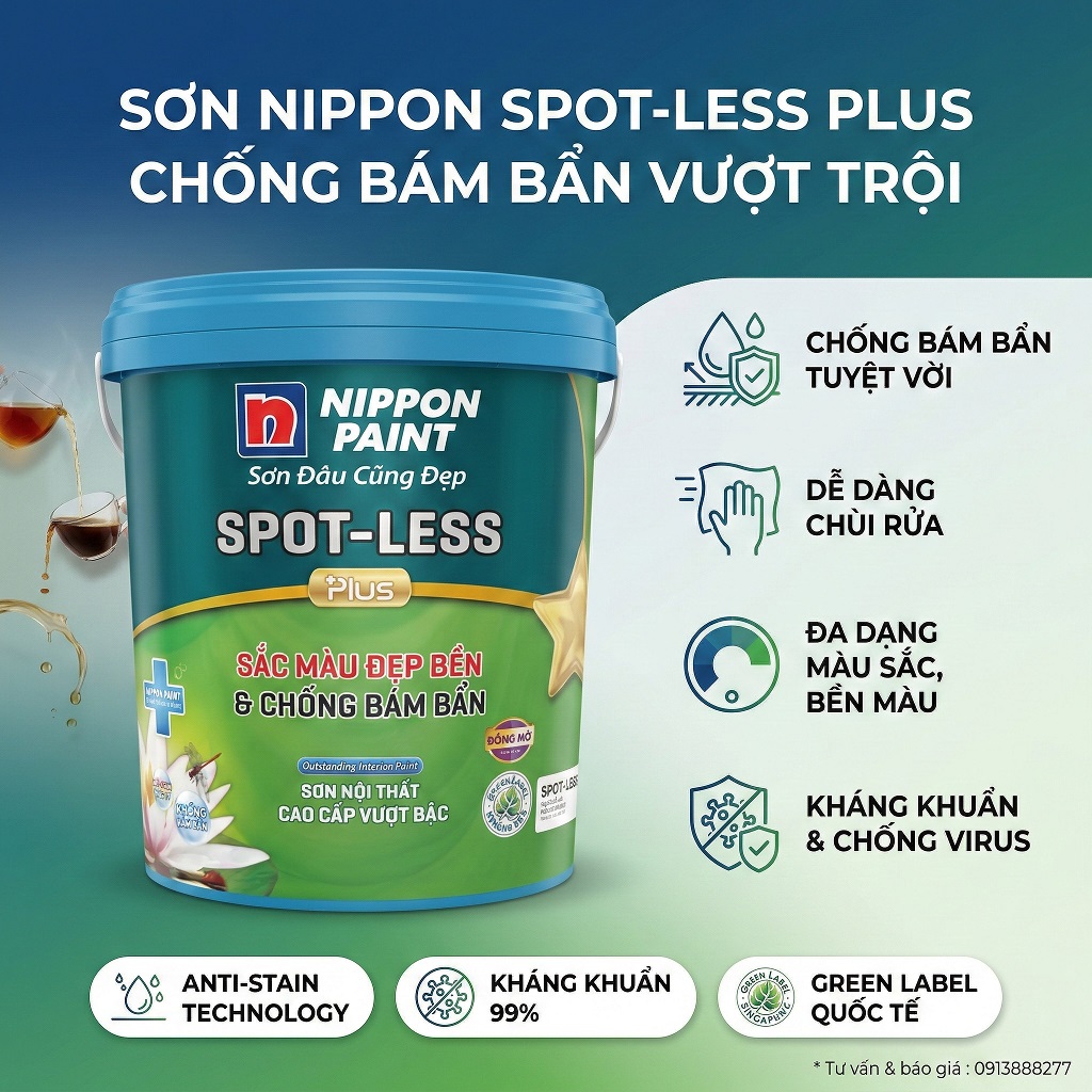 Sơn nội thất Nippon Spot-less Plus chống bám bẩn kháng virus SARS-CoV-2 Silver Ion
