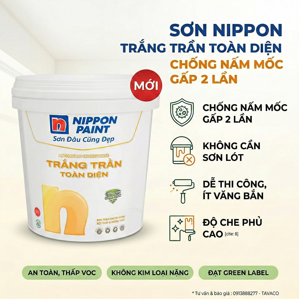 Sơn trắng trần Nippon Toàn Diện chống mốc ít văng bắn che phủ cao Green Label