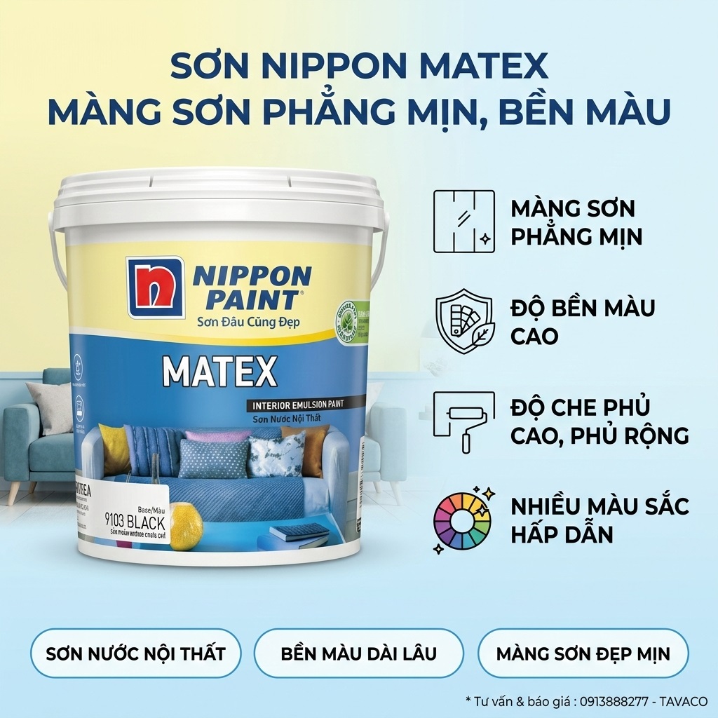 Sơn nội thất Nippon Matex màng sơn phẳng mịn màu sắc dịu mát chống mốc