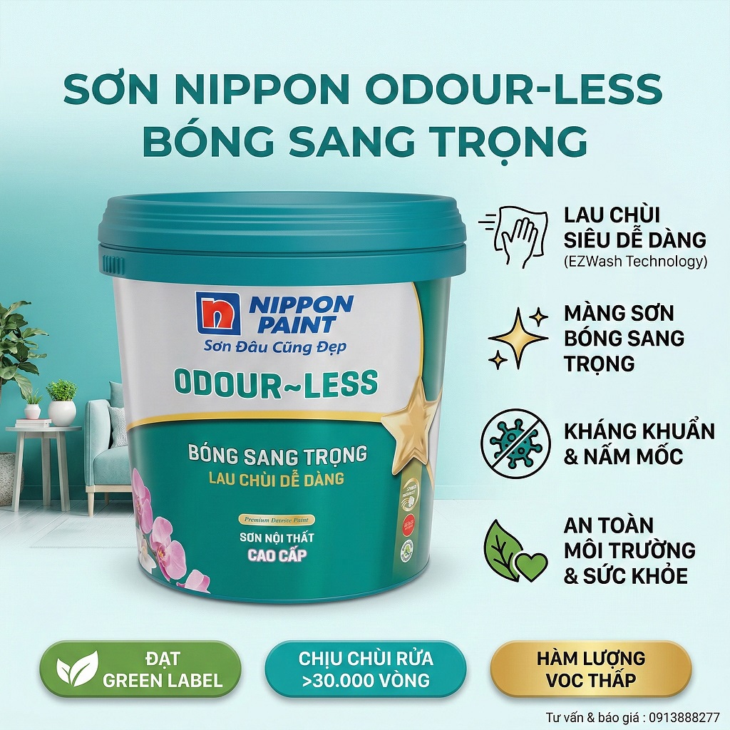 Sơn nội thất Nippon Odour-less Bóng Sang Trọng EZWash kháng khuẩn Green Label