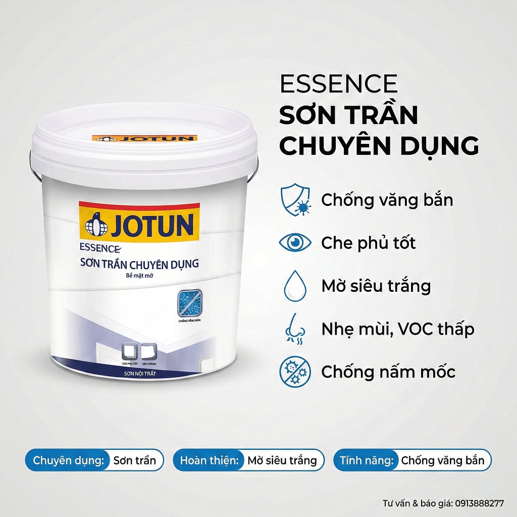 trắng trần chuyên dụng Jotun Essence siêu trắng chống văng bắn chống mốc